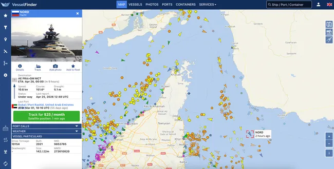 142-метровая яхта «Норд», принадлежащая владельцу «Северстали» Алексею Мордашову и находящаяся под санкциями, вышла из Дубая, пересекла Ормузский пролив и следует в Оман, следует из данных сервисов отслеживания морского трафика.
