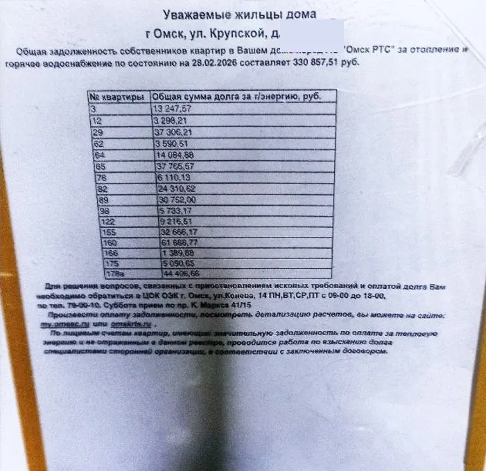 В одном из многоквартирных домов опубликован перечень из 16 квартир с задолженностью за отопление и горячую воду; у некоторых жителей долги достигают десятков тысяч рублей.