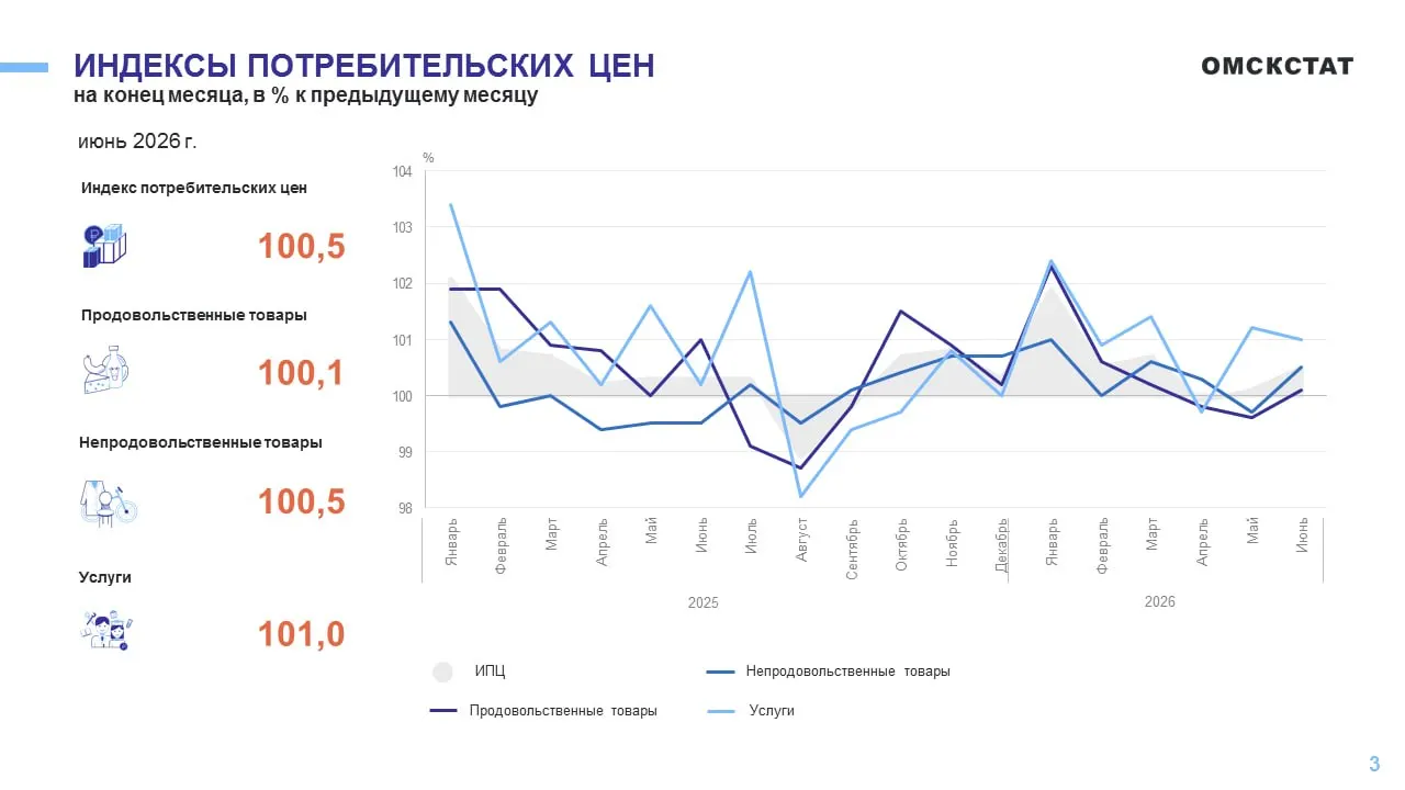 В июне 2026 года потребительские цены в Омской области в среднем поднялись на 0,5%. Наибольший рост зафиксирован у плодоовощной продукции и импортных подержанных автомобилей, сильнее всего подешевели куриные яйца.