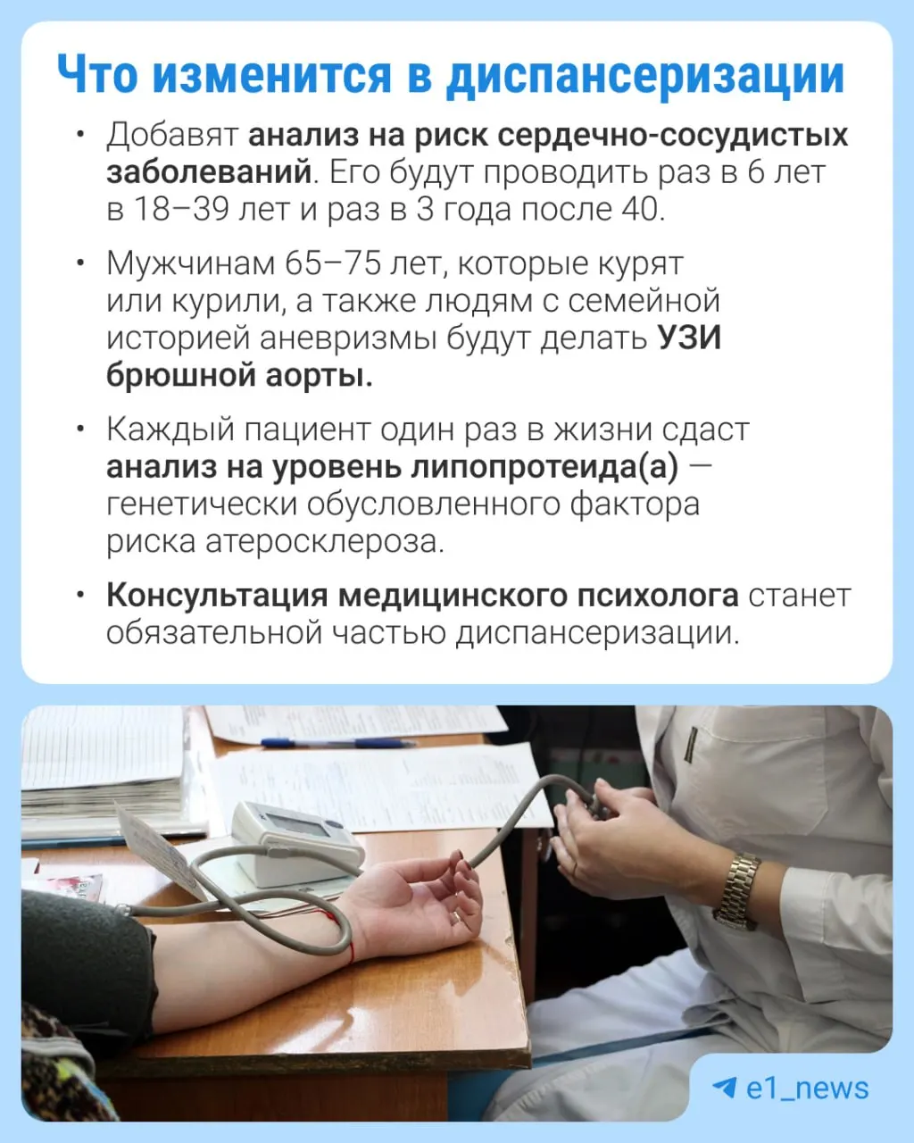 Правила диспансеризации изменяются: в профилактическом медосмотре расширят перечень анализов и усилят акцент на сердечно-сосудистые заболевания.